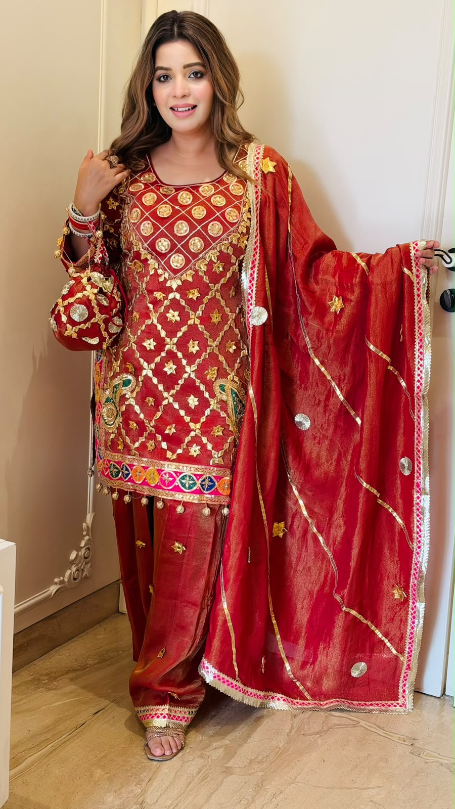 Zeenat Shimmer Farshi Suit Set- Maroon, Pink, Beige