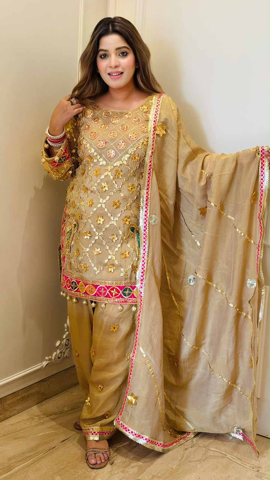 Zeenat Shimmer Farshi Suit Set- Maroon, Pink, Beige