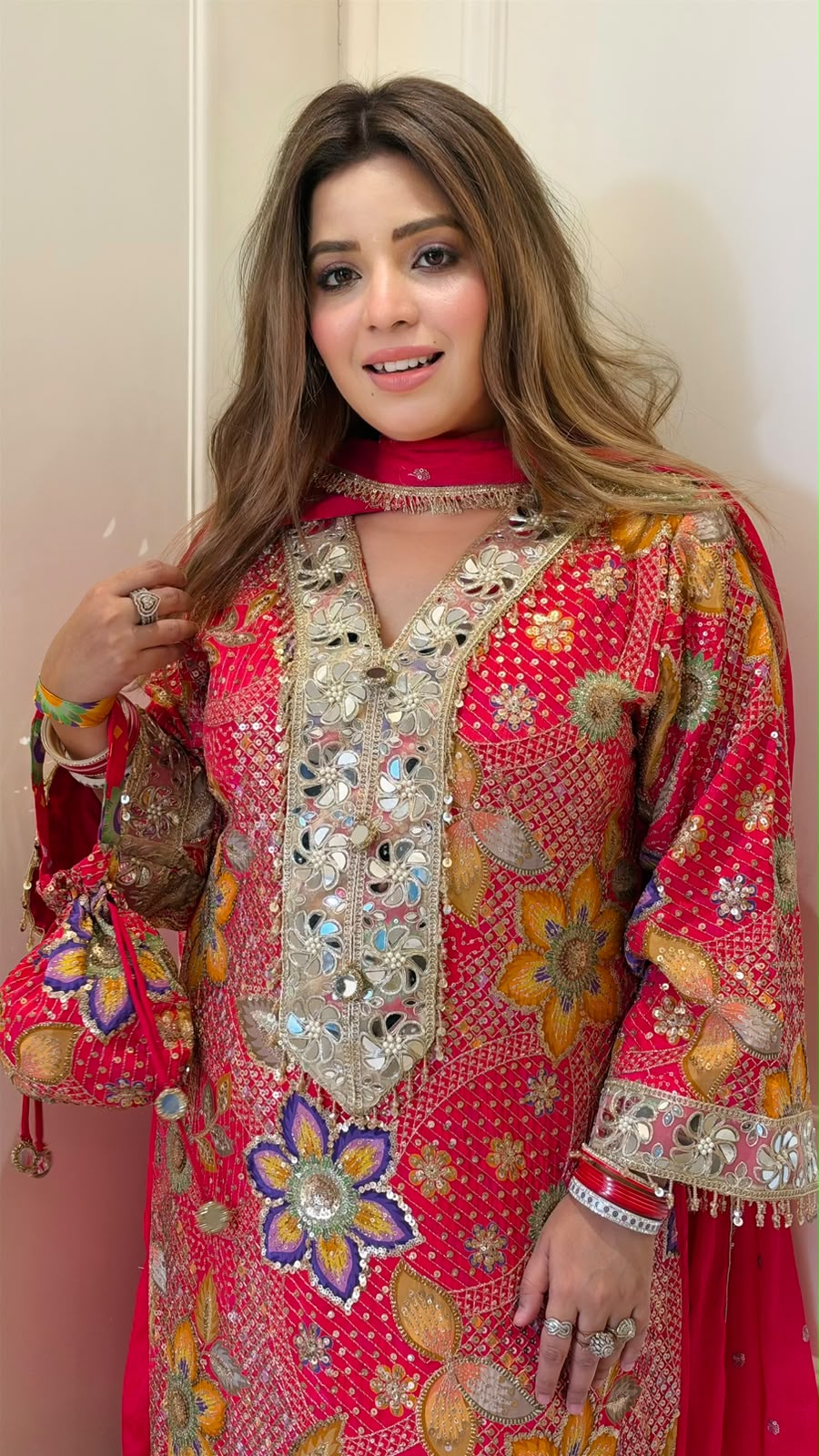 Amoli Shimmer Slit-Cut Suit Set- Pink, Green, Yellow