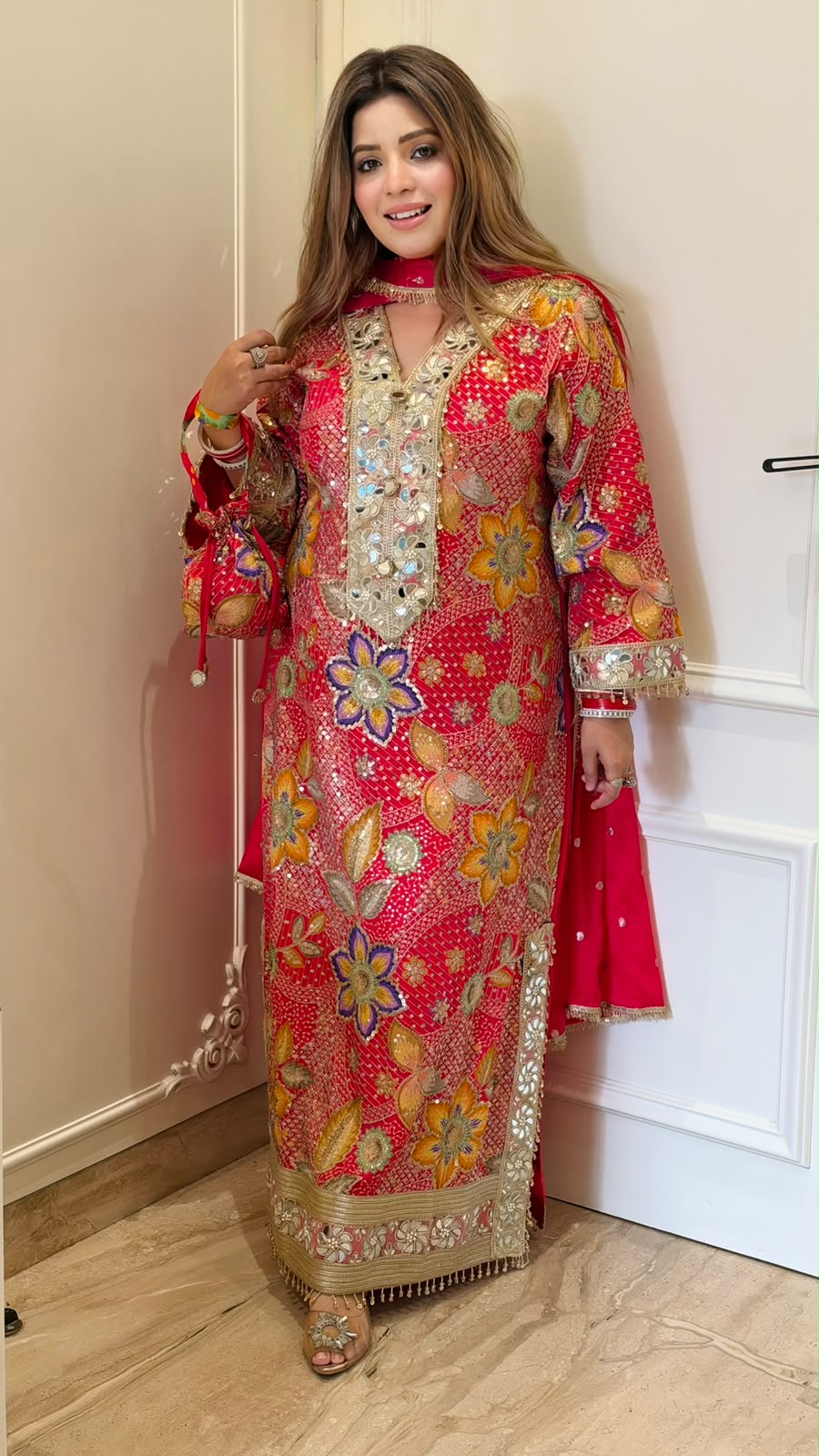 Amoli Shimmer Slit-Cut Suit Set- Pink, Green, Yellow