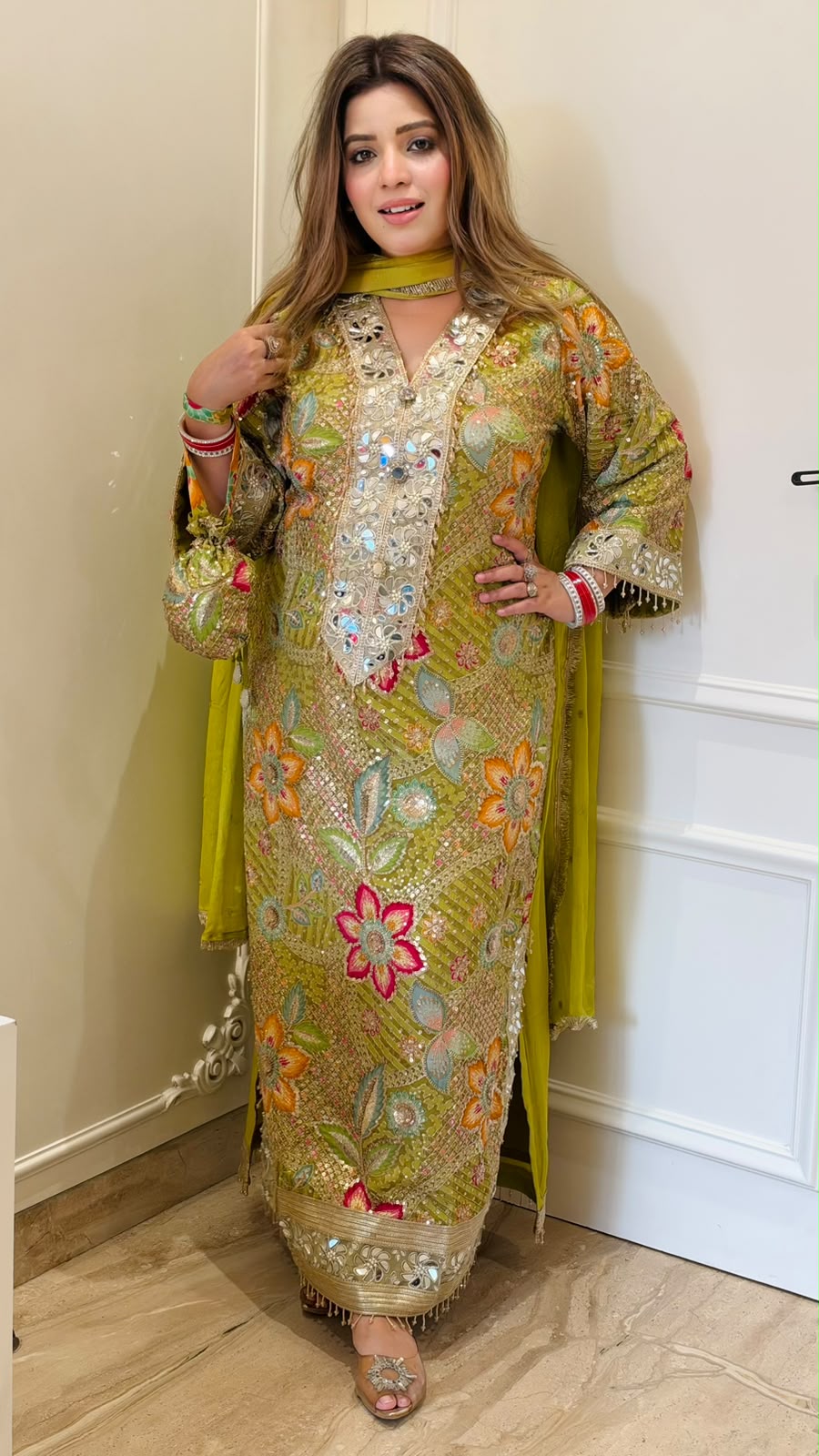 Amoli Shimmer Slit-Cut Suit Set- Pink, Green, Yellow