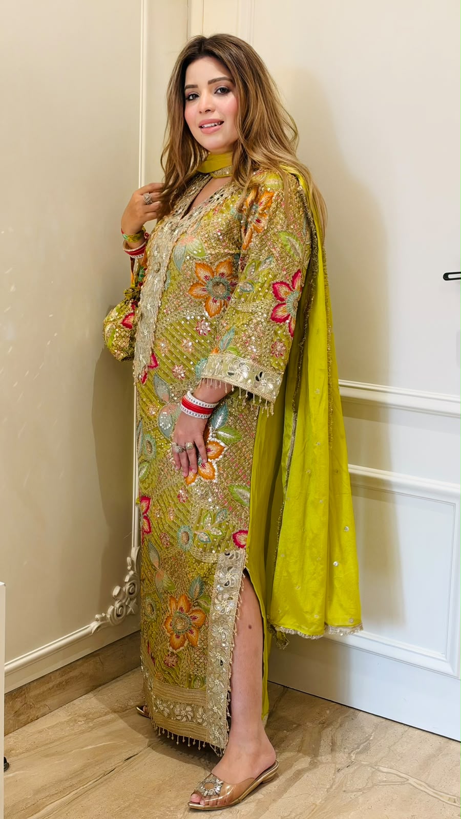 Amoli Shimmer Slit-Cut Suit Set- Pink, Green, Yellow