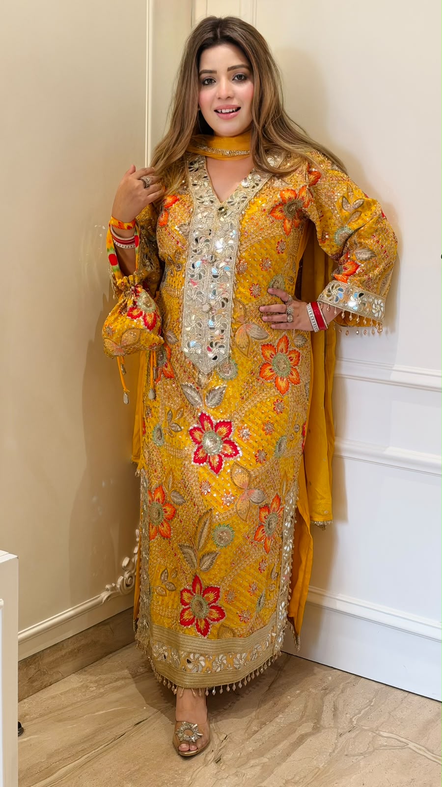 Amoli Shimmer Slit-Cut Suit Set- Pink, Green, Yellow