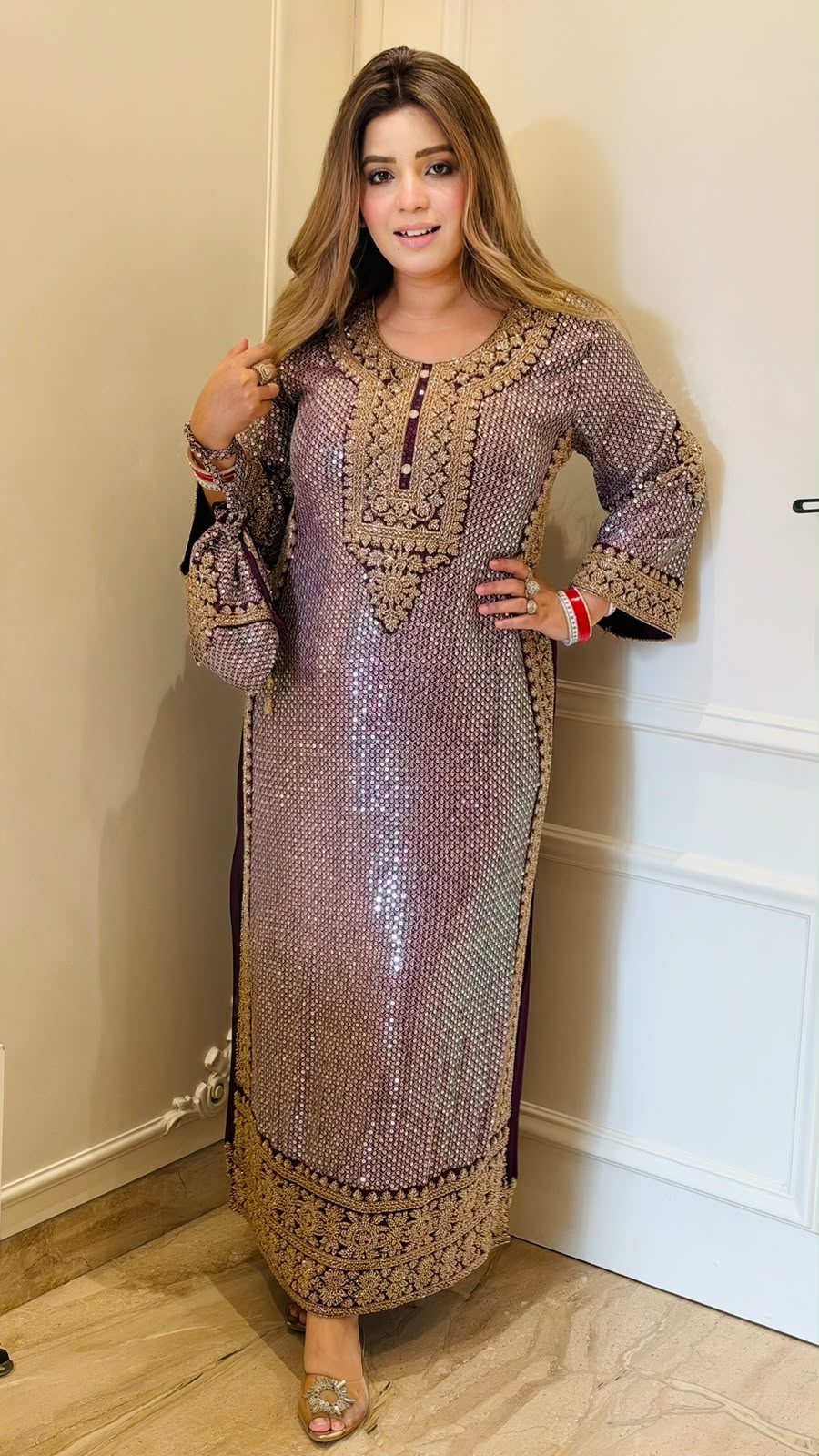 Hridya Sequin Slit-Cut Firaan- Purple