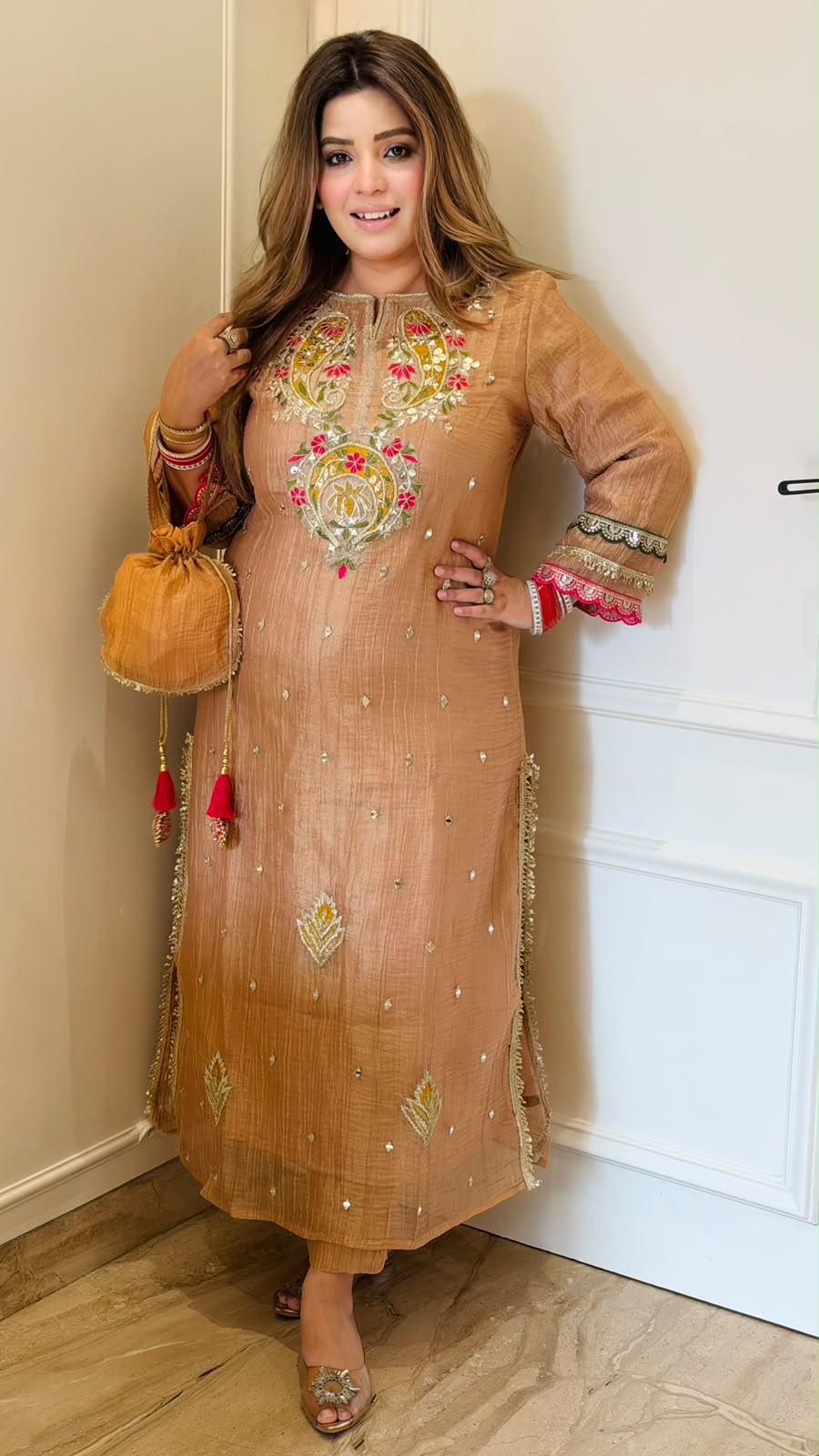 Idhika Salsa Firaan Suit Set- Beige, Pink, Green