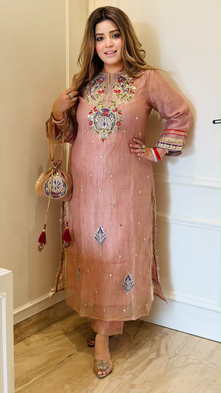 Idhika Salsa Firaan Suit Set- Beige, Pink, Green