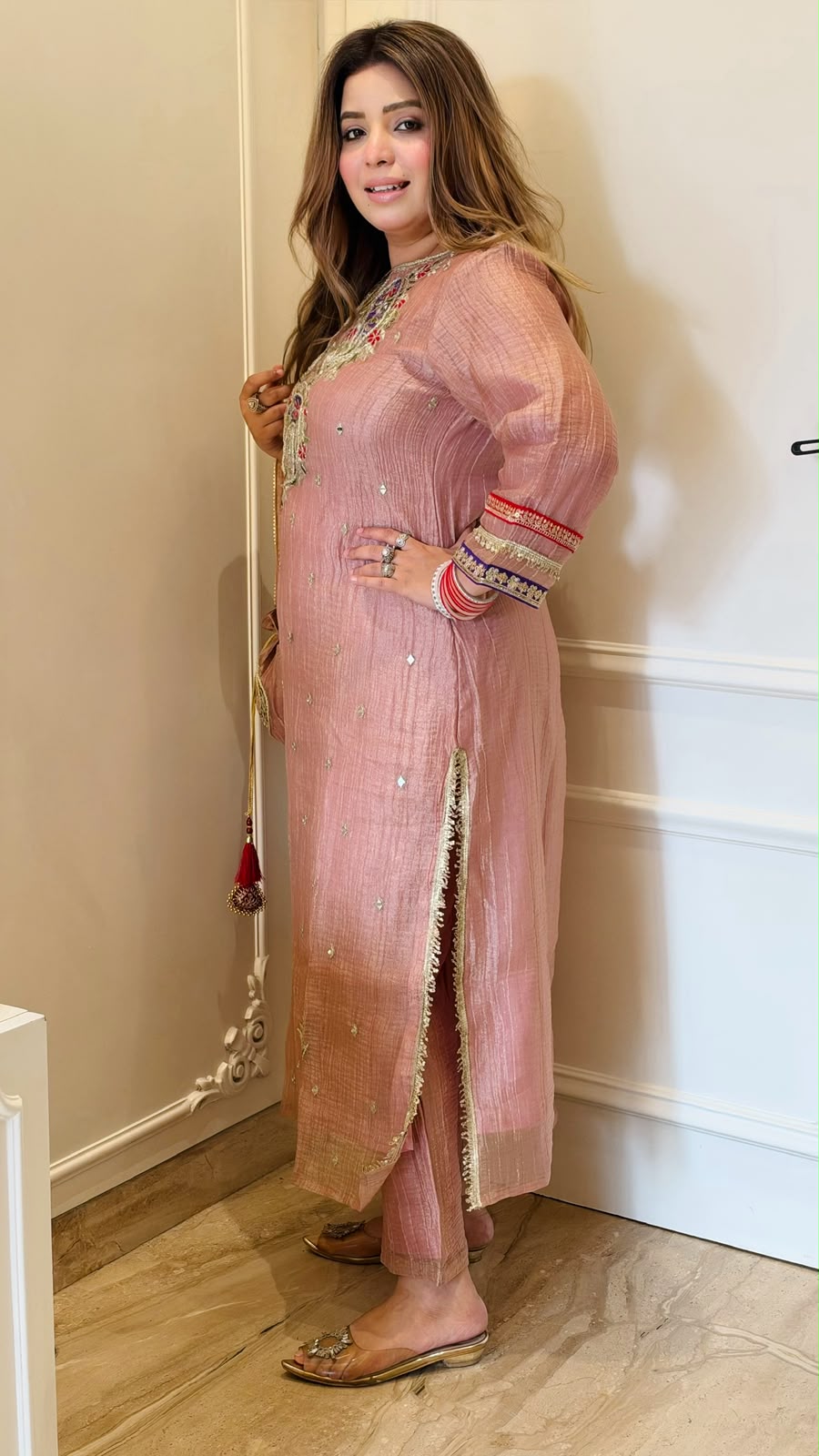 Idhika Salsa Firaan Suit Set- Beige, Pink, Green