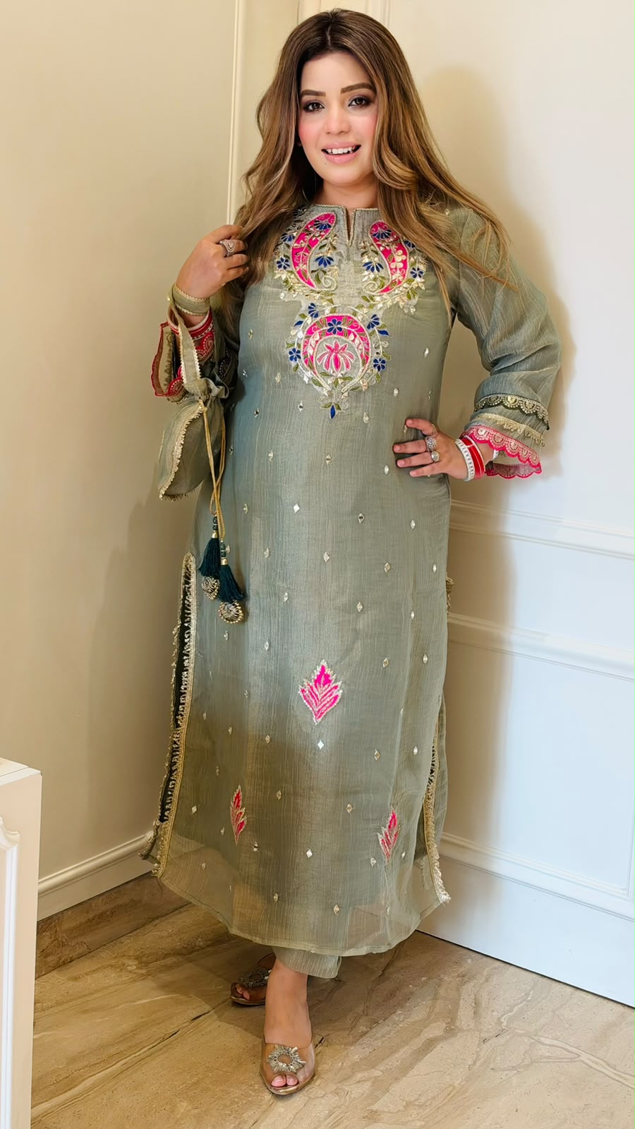 Idhika Salsa Firaan Suit Set- Beige, Pink, Green