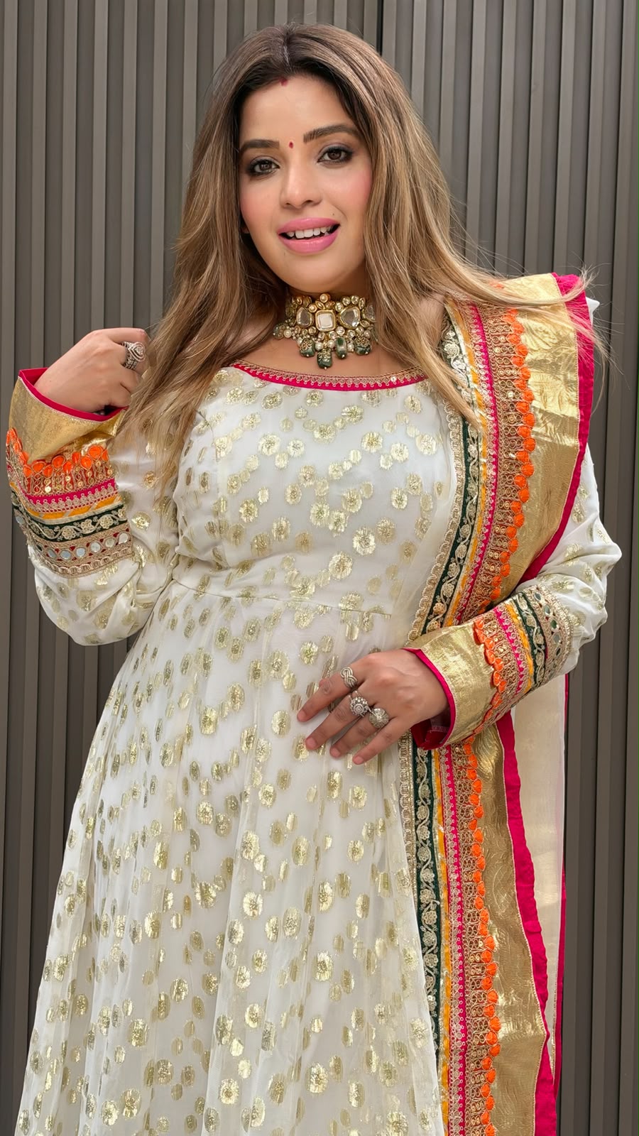 Jhanika Anarkali Suit Set- Beige, Red, Magenta