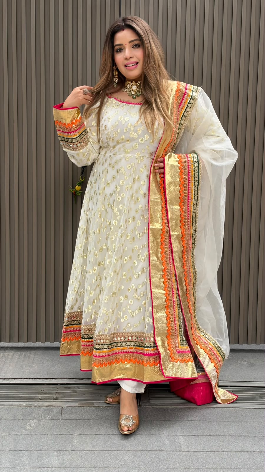 Jhanika Anarkali Suit Set- Beige, Red, Magenta