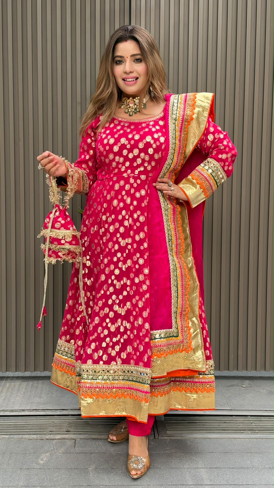 Jhanika Anarkali Suit Set- Beige, Red, Magenta