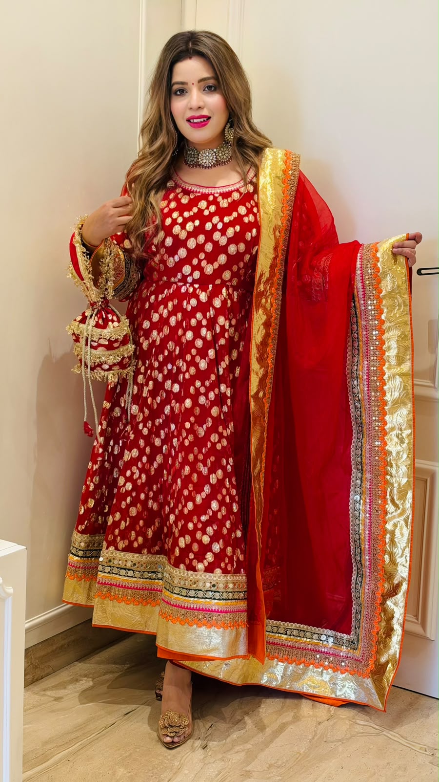 Jhanika Anarkali Suit Set- Beige, Red, Magenta