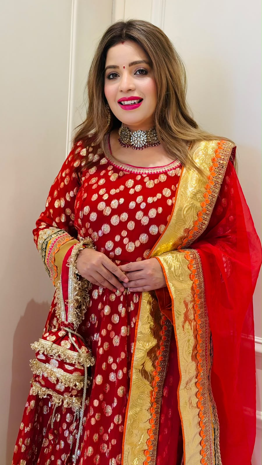 Jhanika Anarkali Suit Set- Beige, Red, Magenta