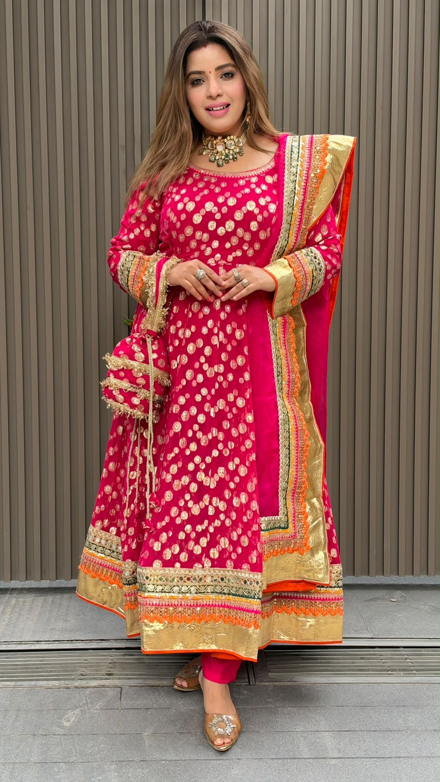 Jhanika Anarkali Suit Set- Beige, Red, Magenta