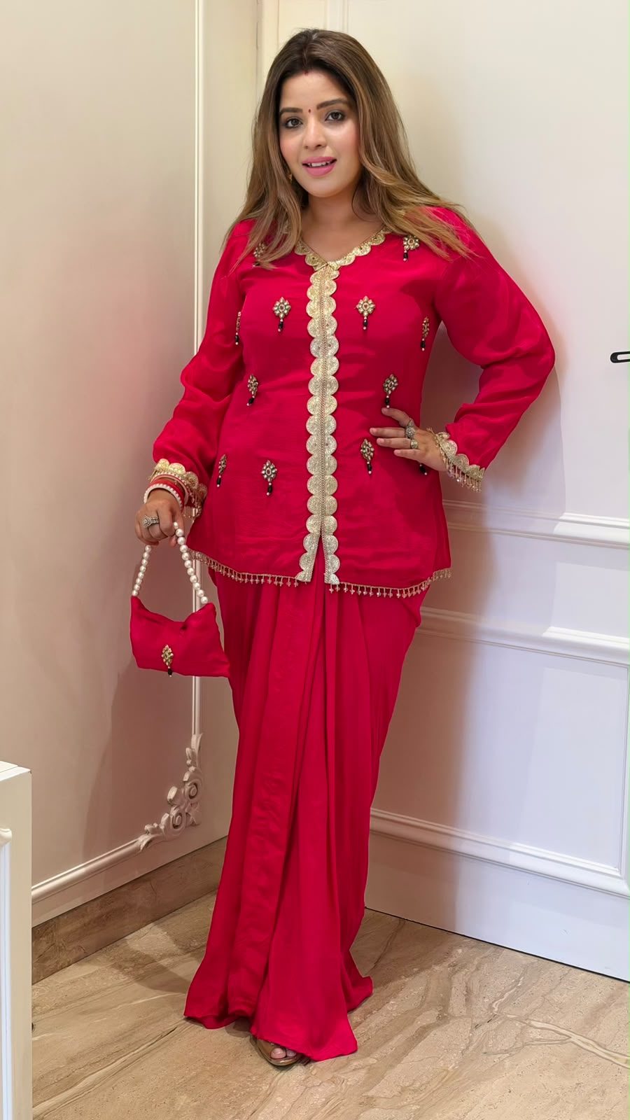 Mrinal Crepe Indo-Western Dress- Pink, Mustard, Orange