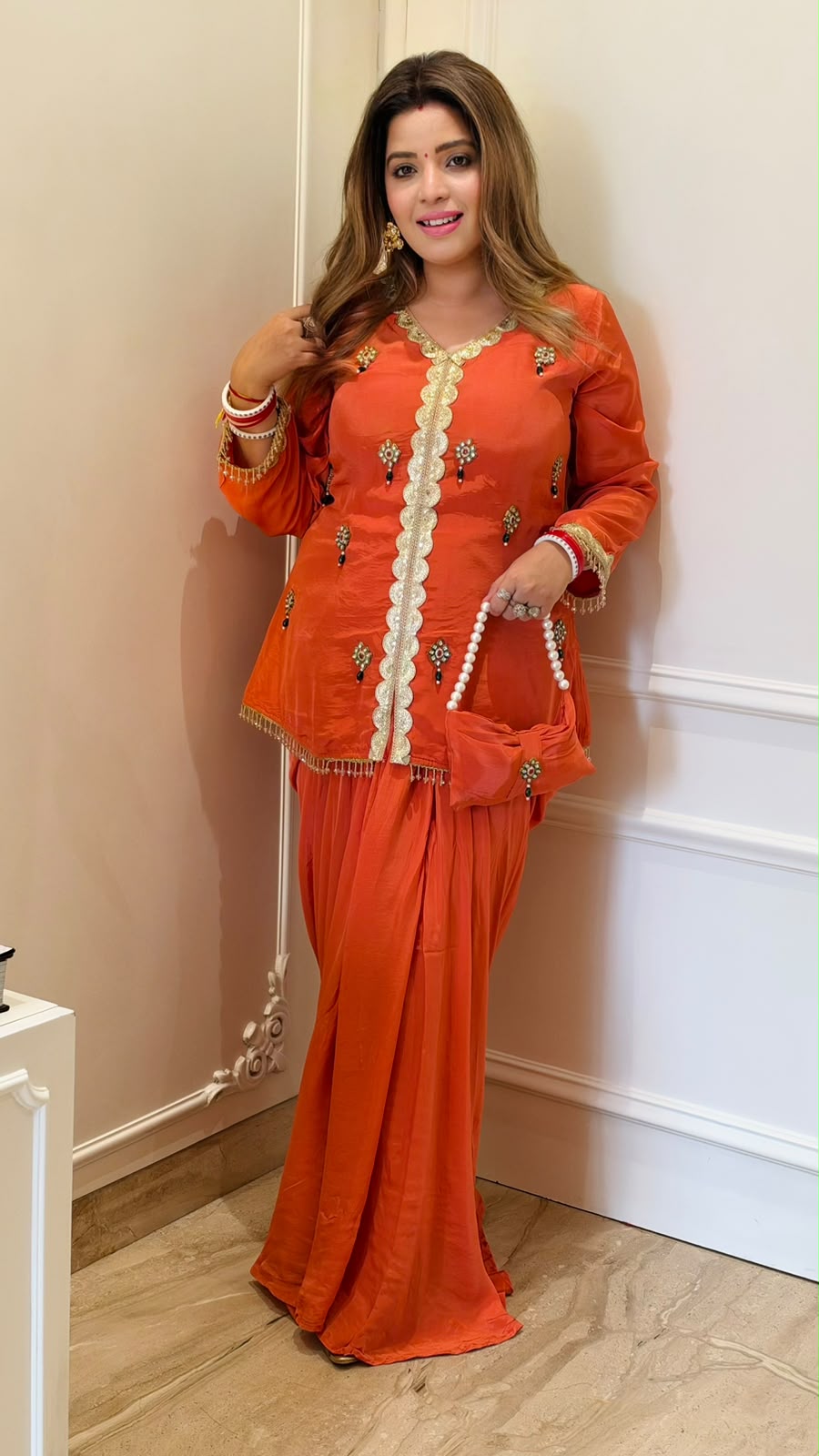 Mrinal Crepe Indo-Western Dress- Pink, Mustard, Orange