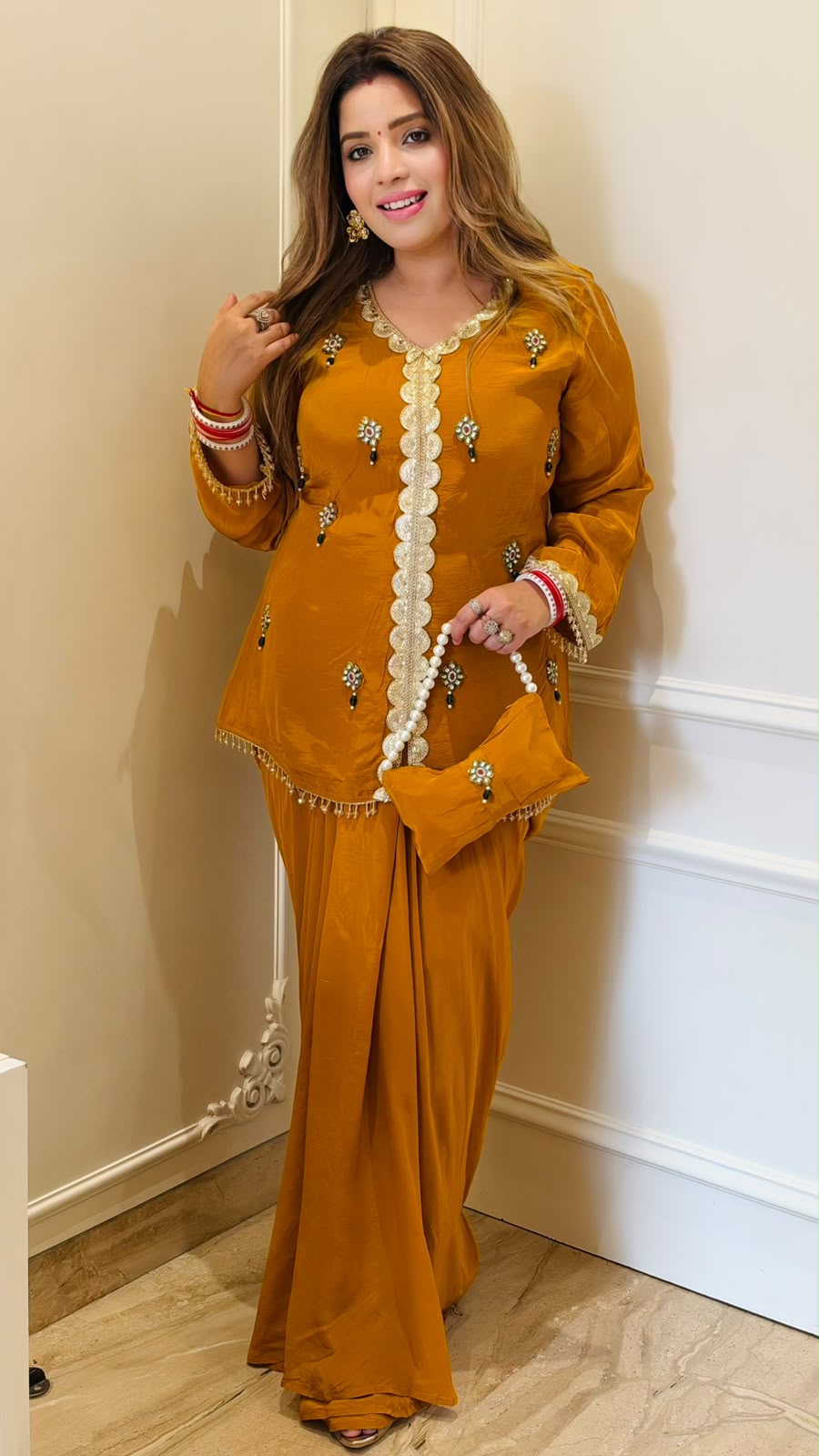 Mrinal Crepe Indo-Western Dress- Pink, Mustard, Orange