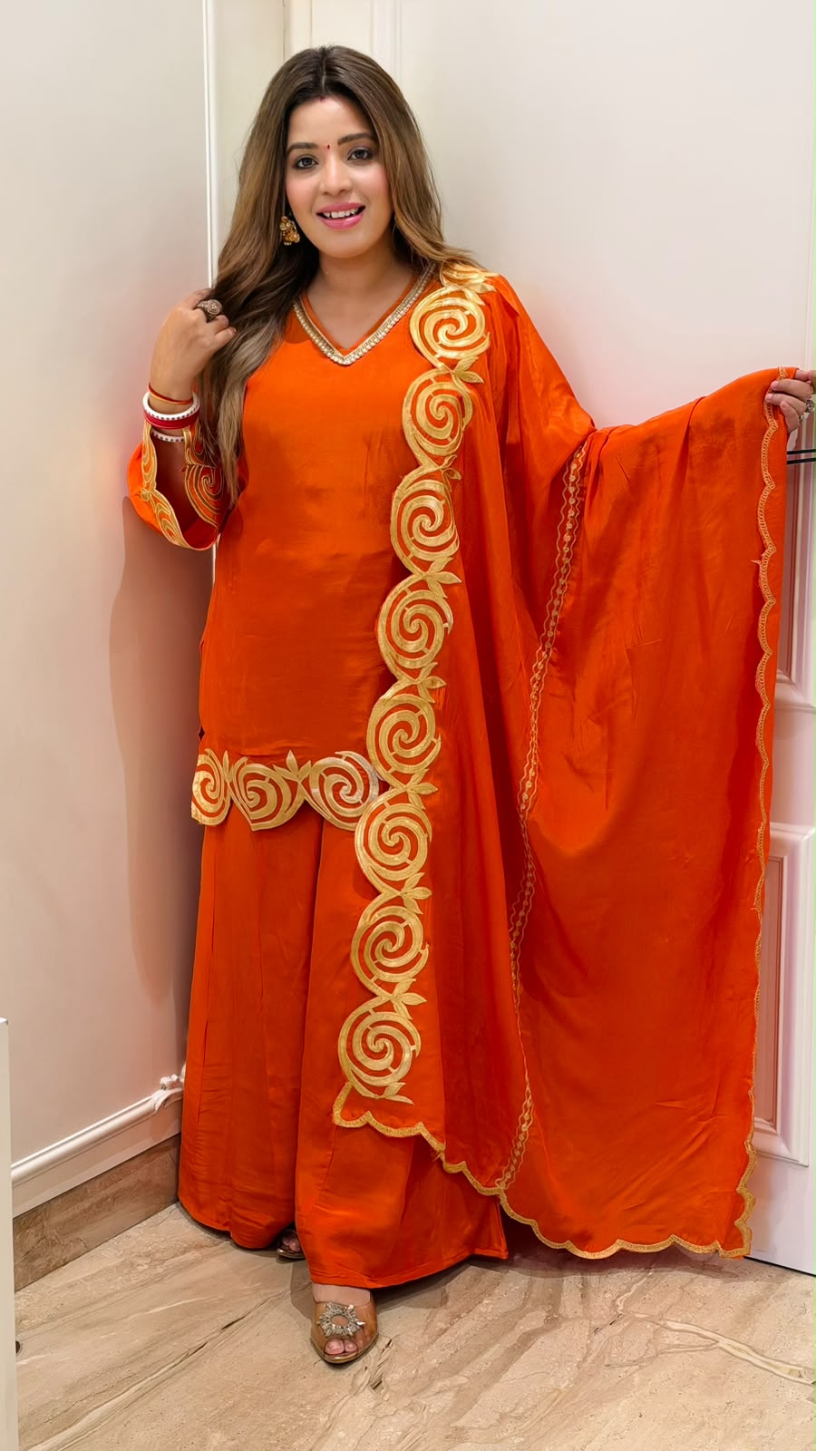 Anshi Crepe Plazo Suit Set- Pink, Orange, red