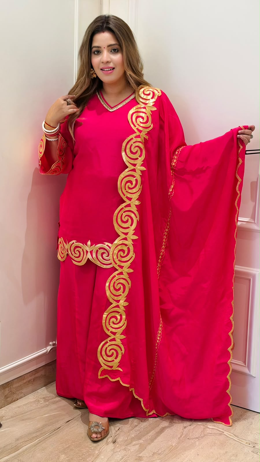 Anshi Crepe Plazo Suit Set- Pink, Orange, red