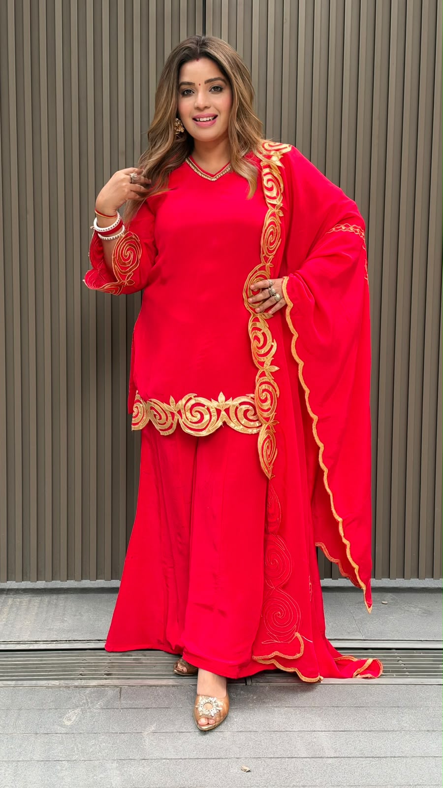 Anshi Crepe Plazo Suit Set- Pink, Orange, red