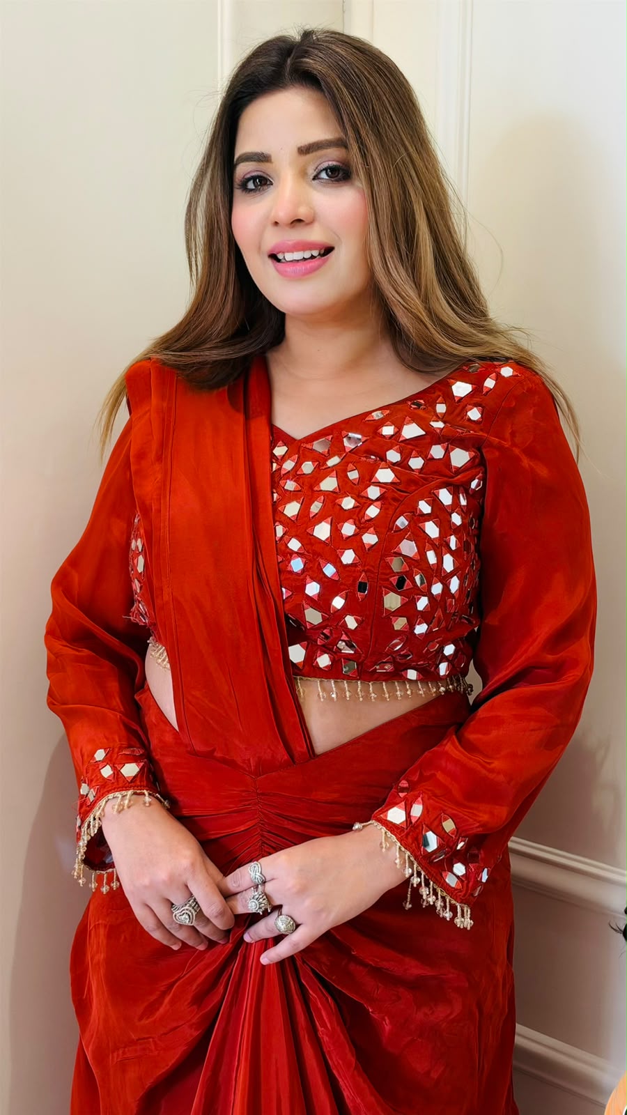 Kuhu Crepe Drape Saree- Orange, red