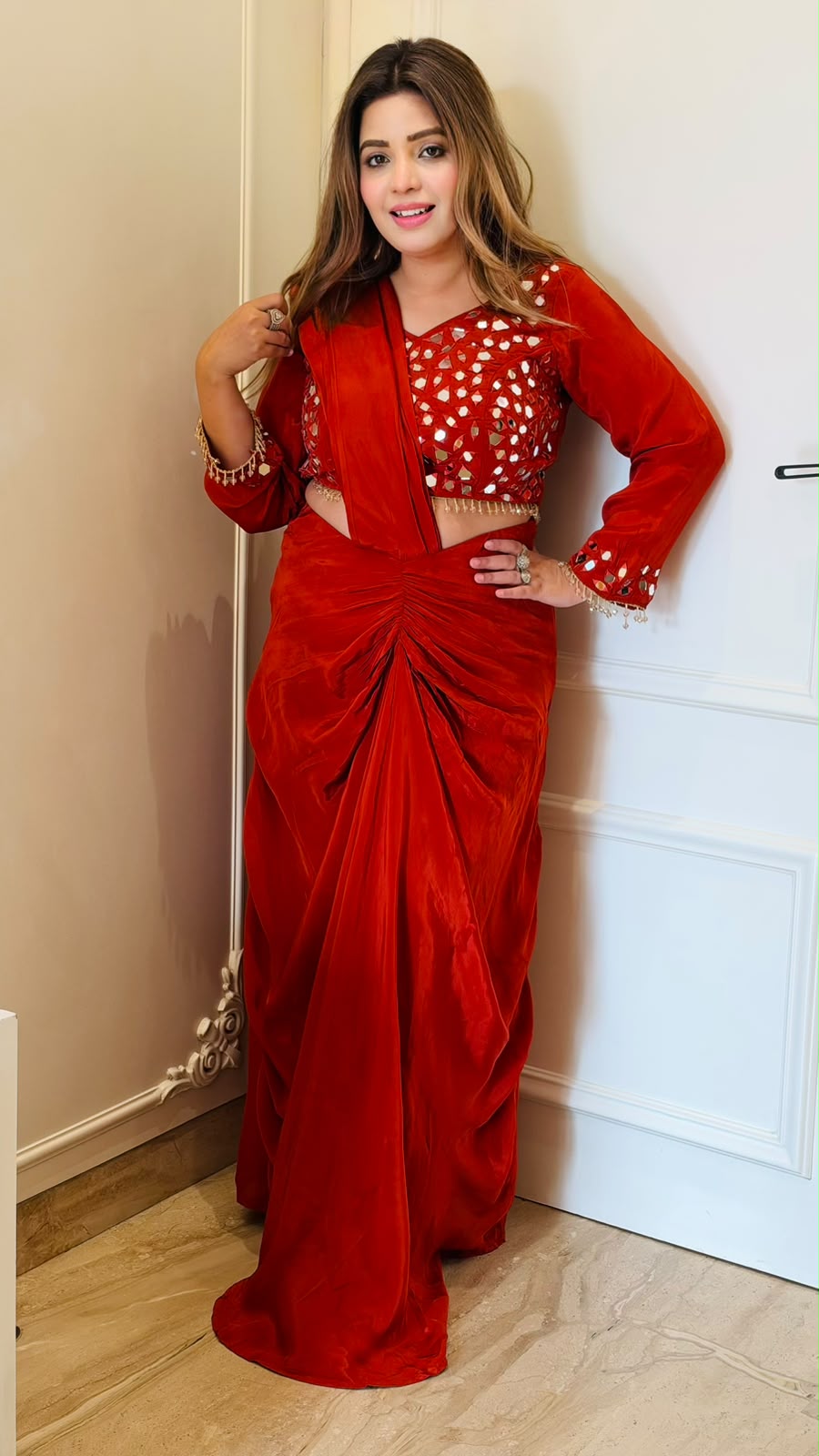 Kuhu Crepe Drape Saree- Orange, red
