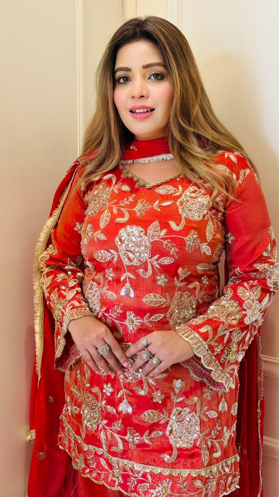 Laasya Shimmer Suit Set- Orange, Pink