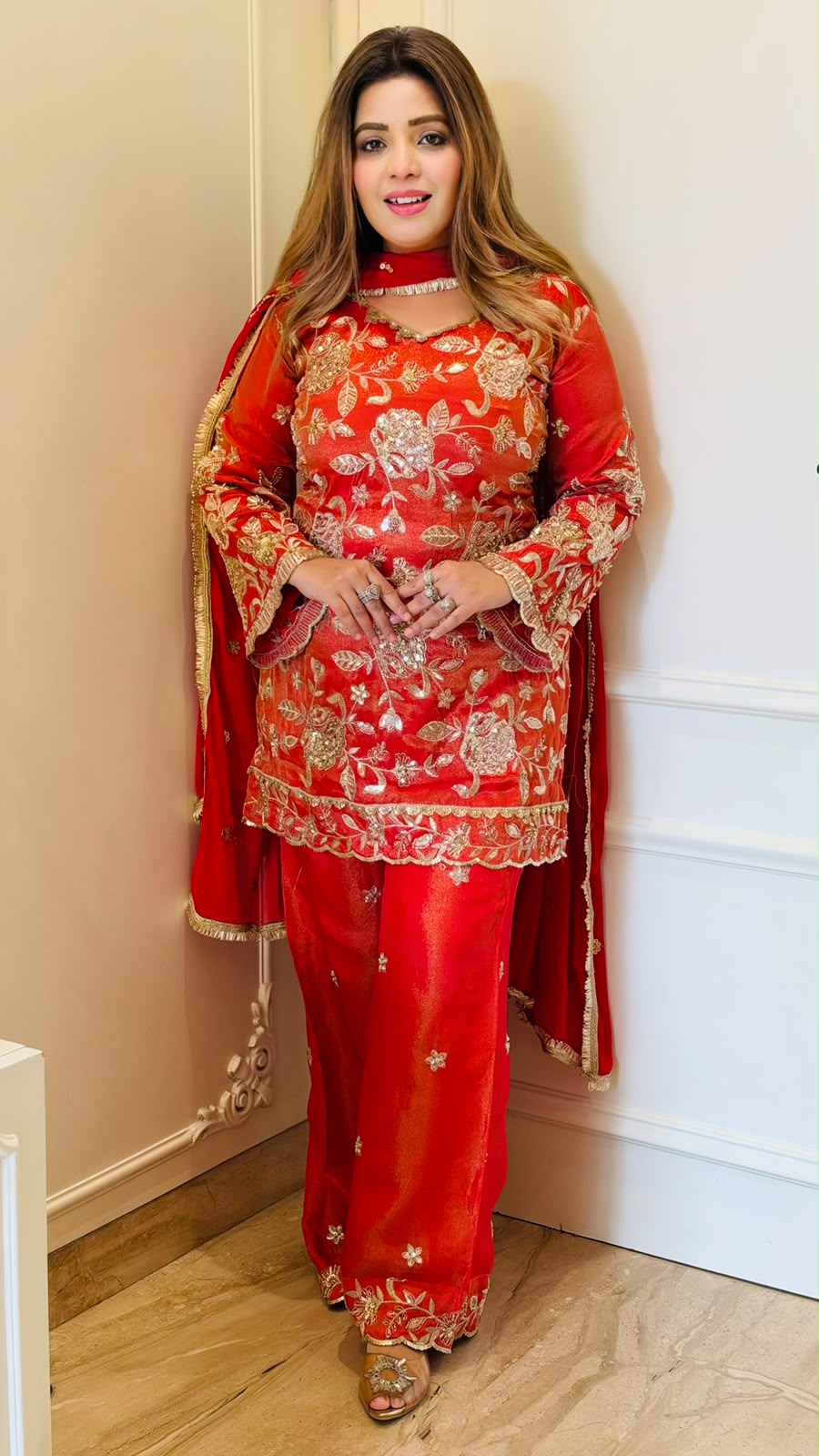 Laasya Shimmer Suit Set- Orange, Pink