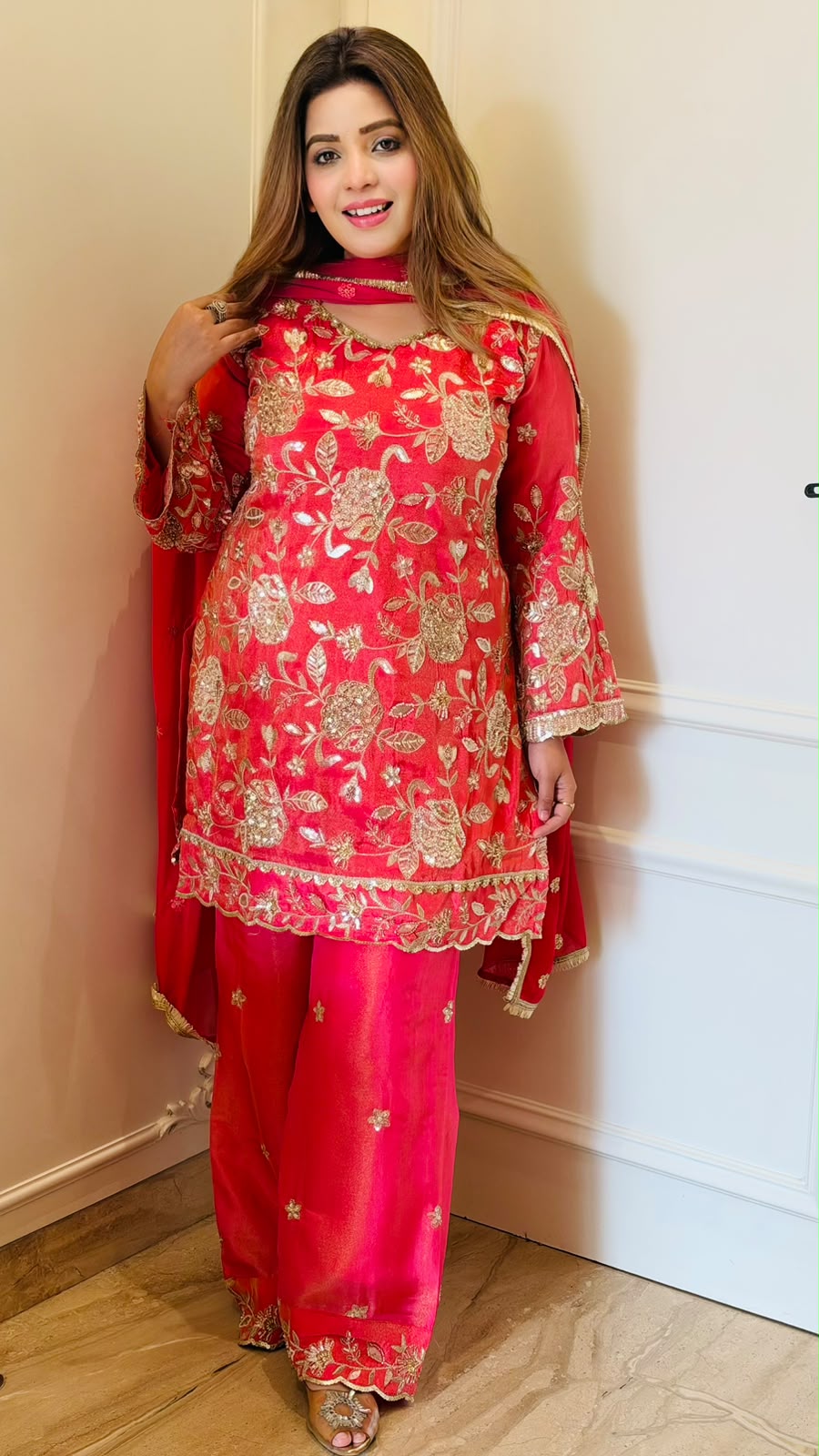 Laasya Shimmer Suit Set- Orange, Pink