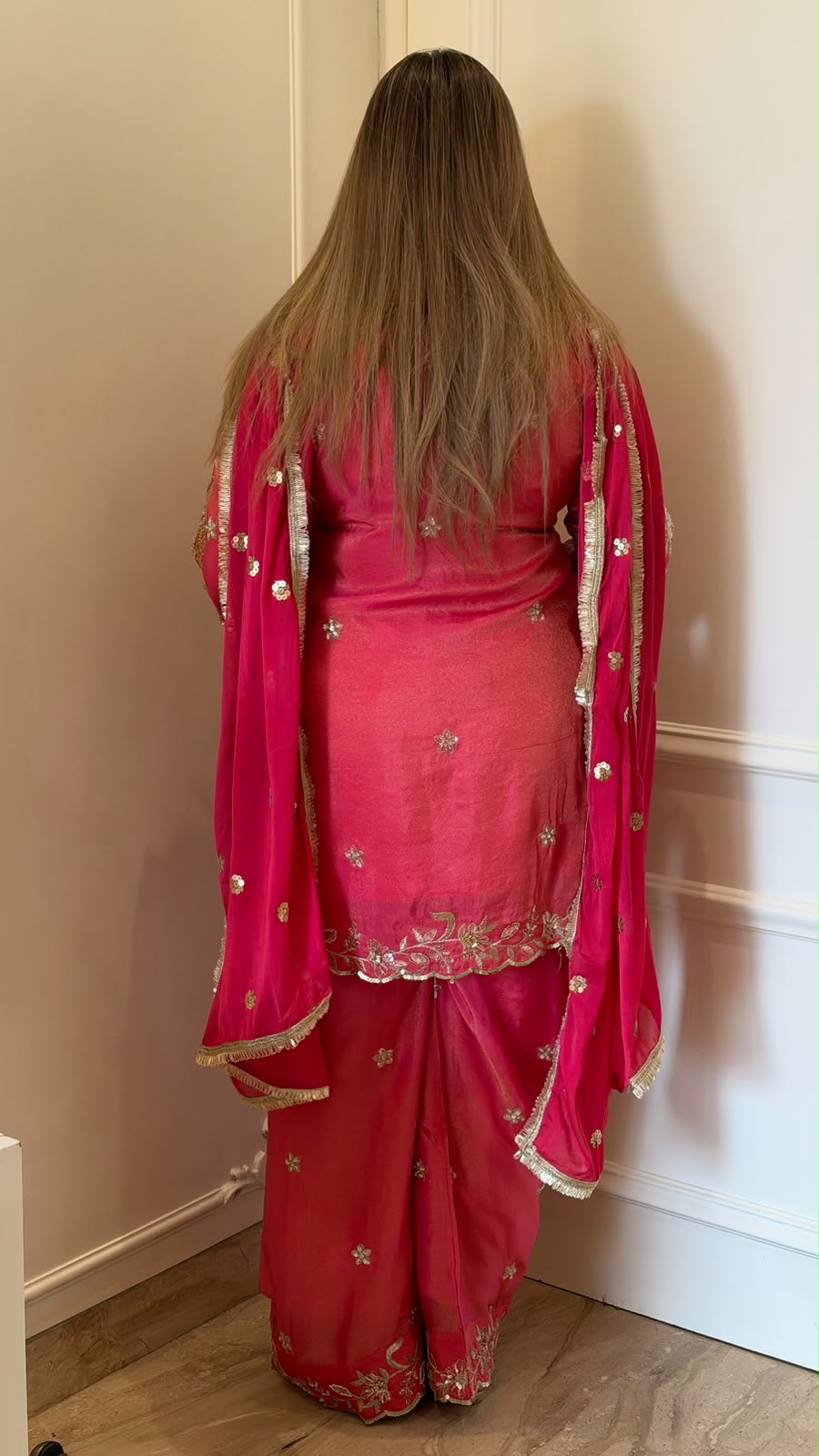 Laasya Shimmer Suit Set- Orange, Pink