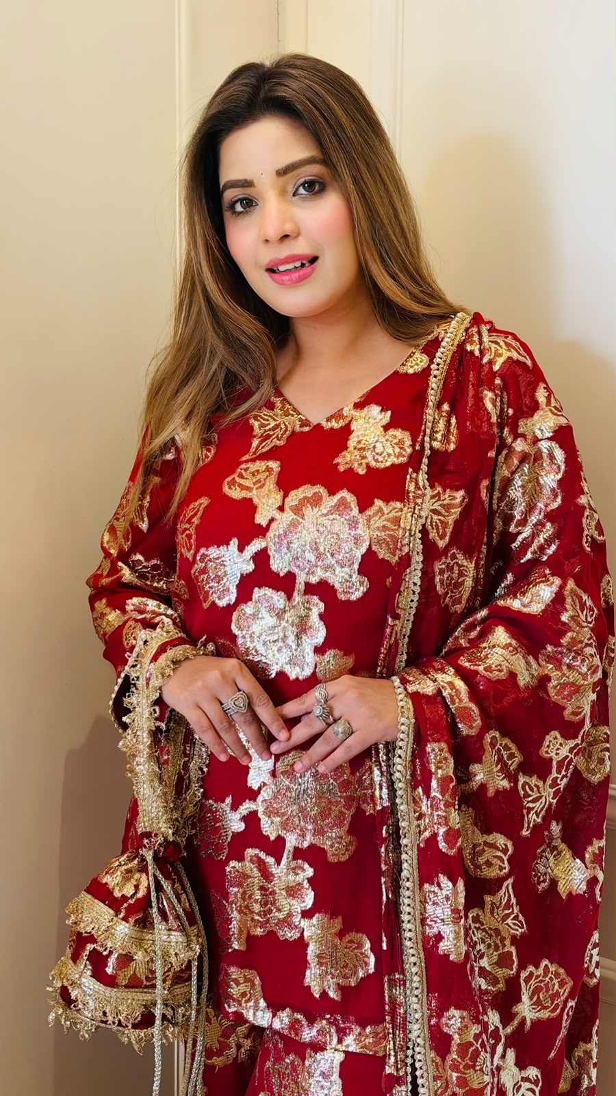 Ojas Georgette Bell-Bottom Suit Set- Maroon