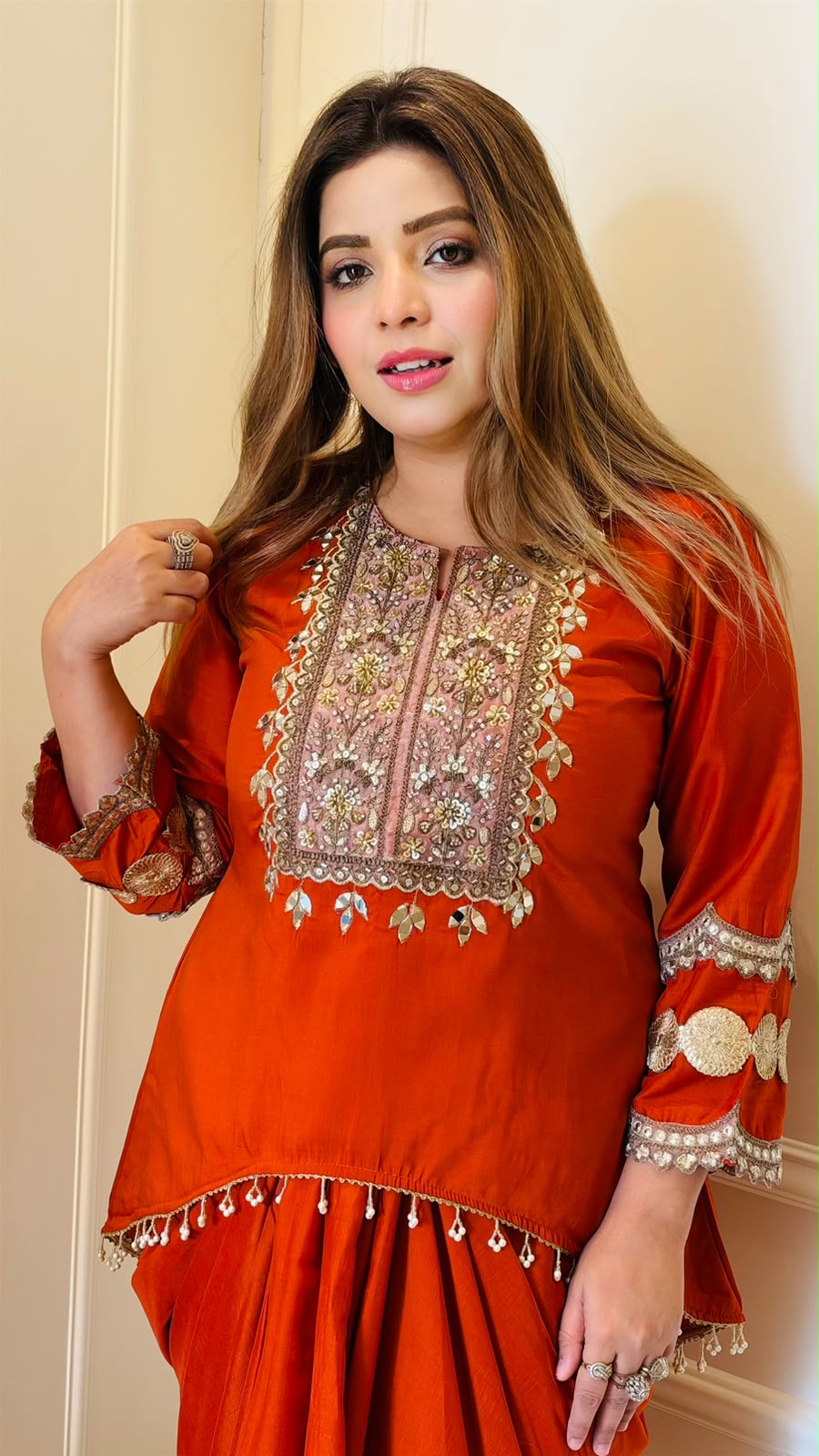 Srishti Georgette Indo-Western Drape Skirt Set- Orange, Pink