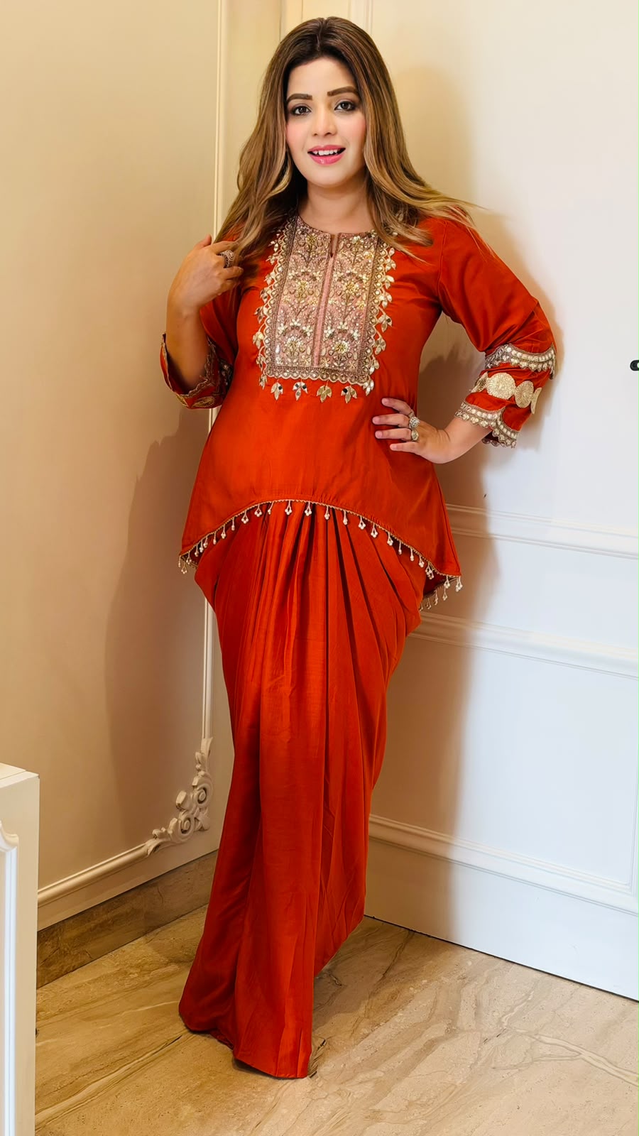 Srishti Georgette Indo-Western Drape Skirt Set- Orange, Pink