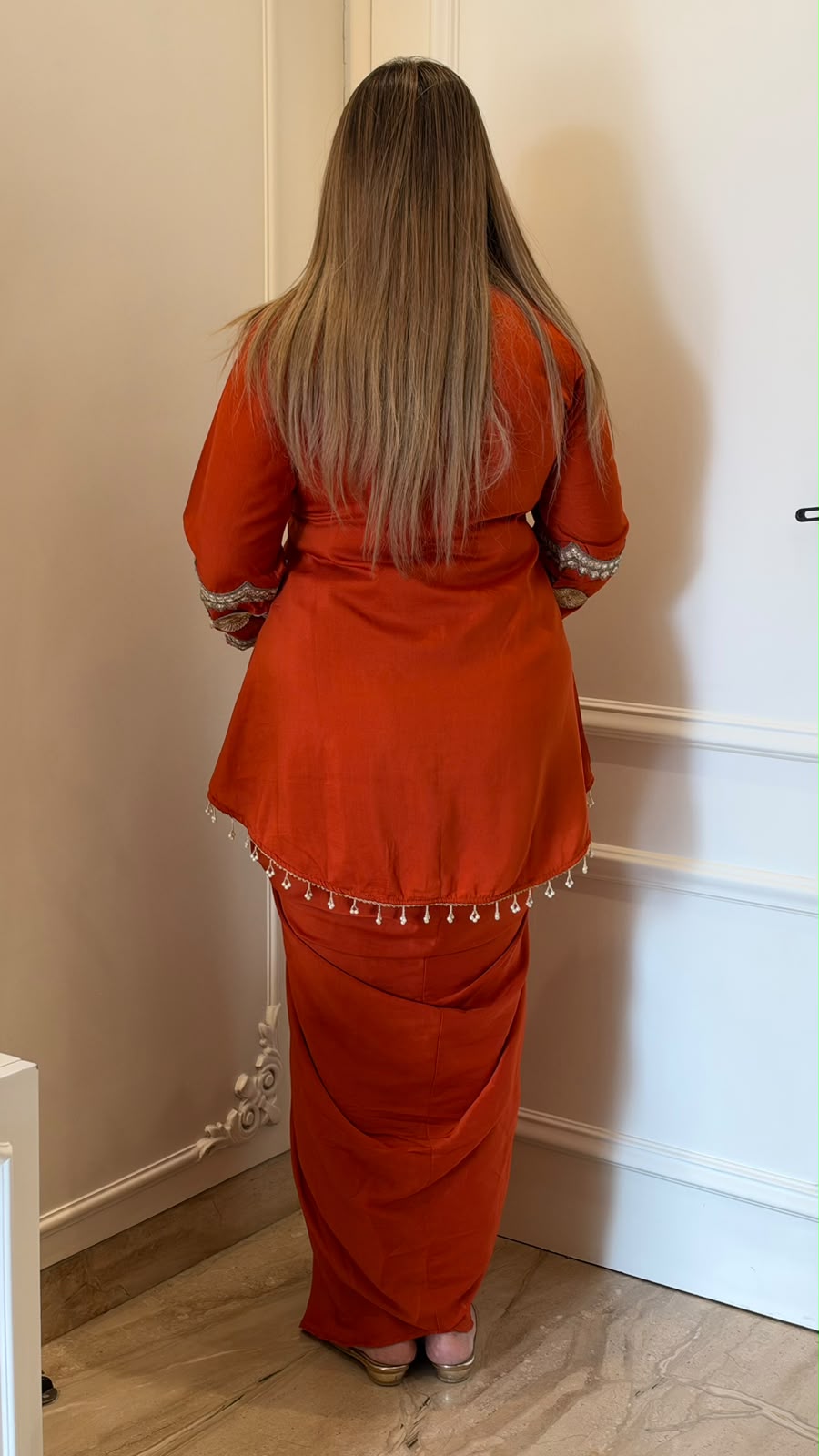 Srishti Georgette Indo-Western Drape Skirt Set- Orange, Pink