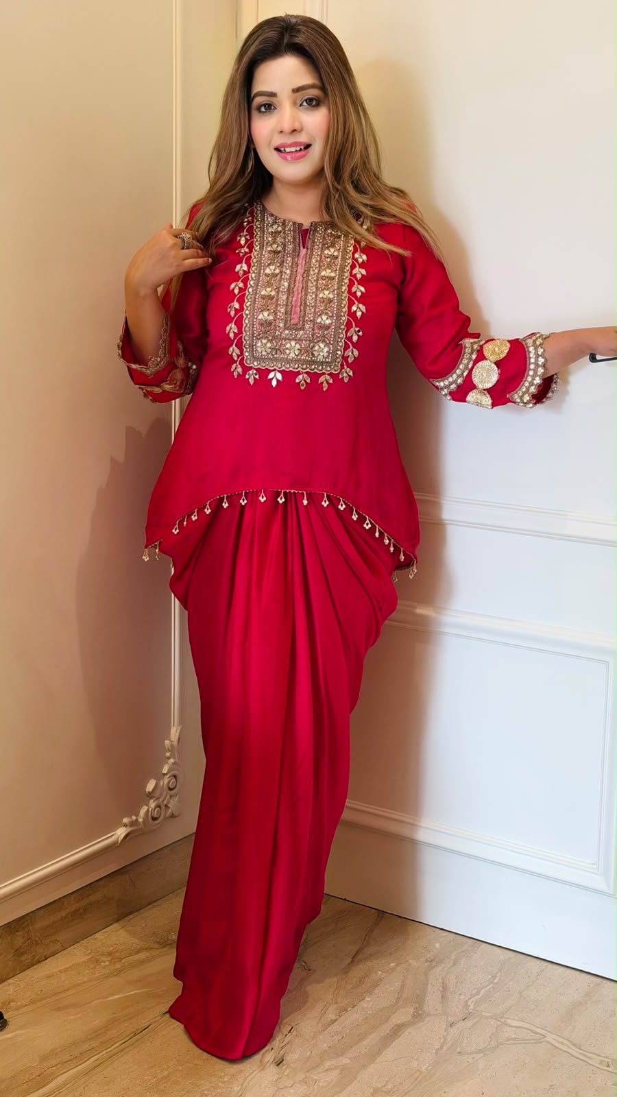 Srishti Georgette Indo-Western Drape Skirt Set- Orange, Pink