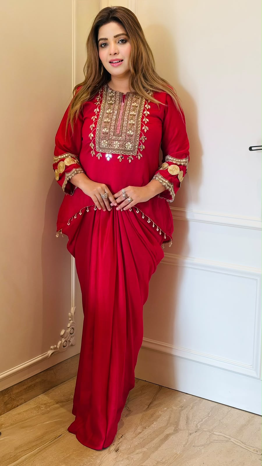 Srishti Georgette Indo-Western Drape Skirt Set- Orange, Pink