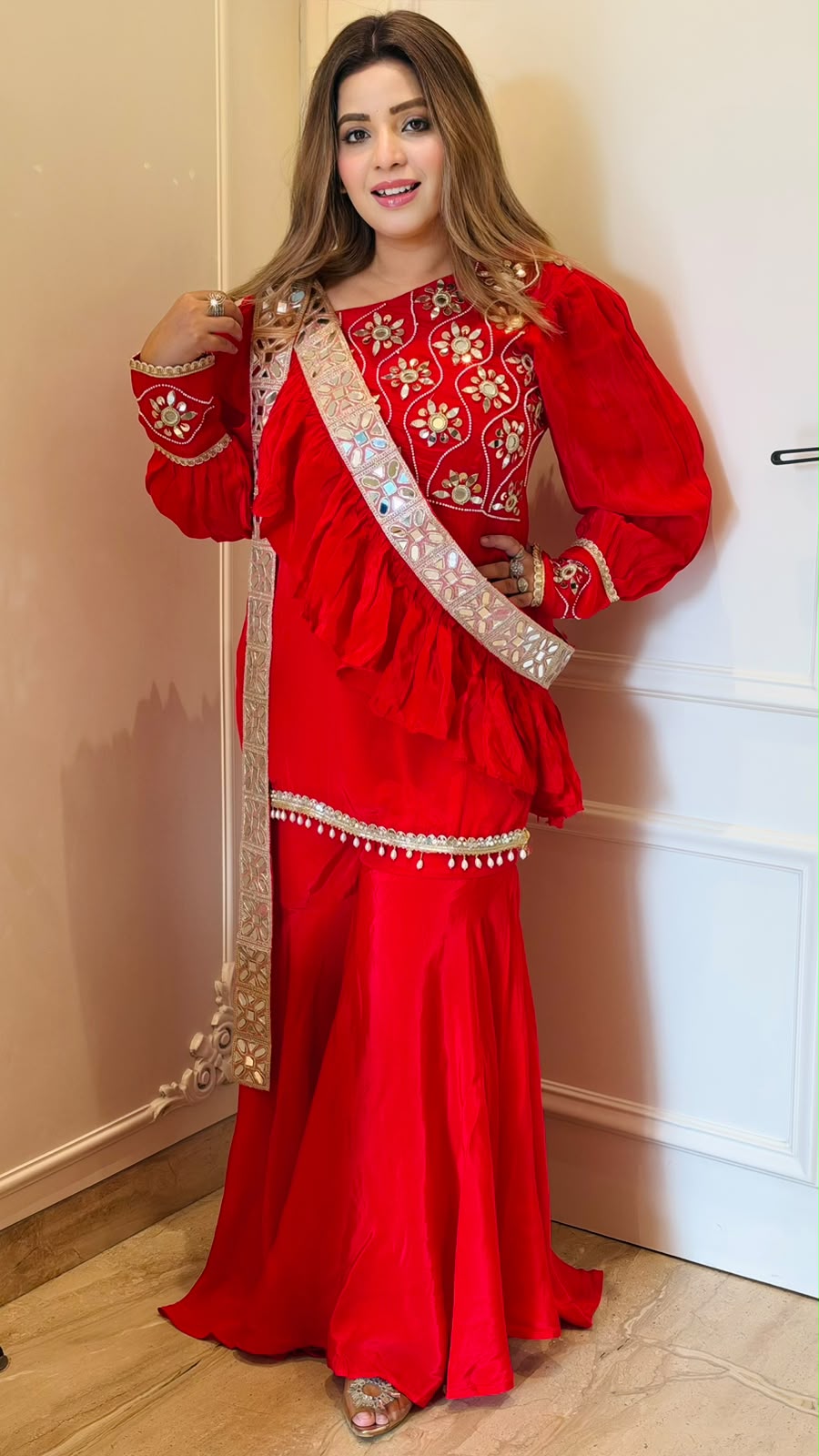 Anagha Crepe Bell-Bottom Suit Set- Blue, Red