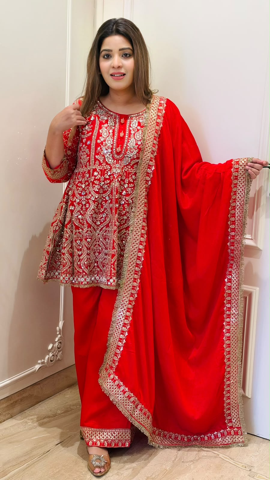 Rujuta Peplum Suit Set- Tomato Red