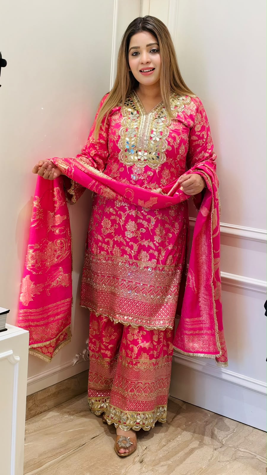 Shalmali Banarasi Plazo Suit Set- Pink, Orange