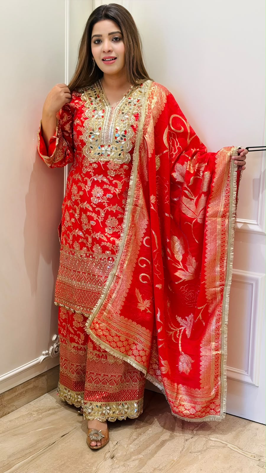 Shalmali Banarasi Plazo Suit Set- Pink, Orange