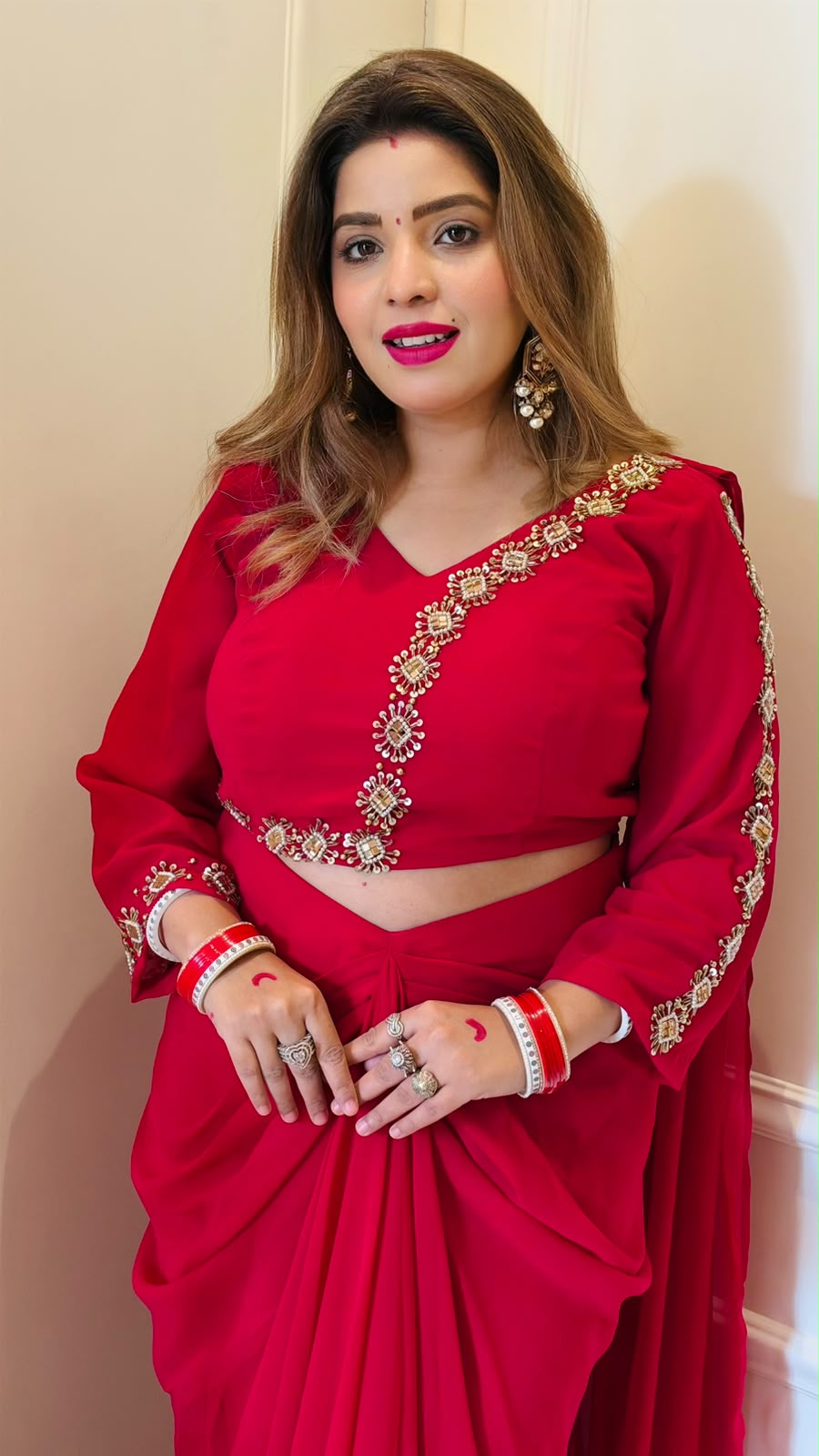 Garvita Georgette Drape Skirt Saree Set- Pink, Red