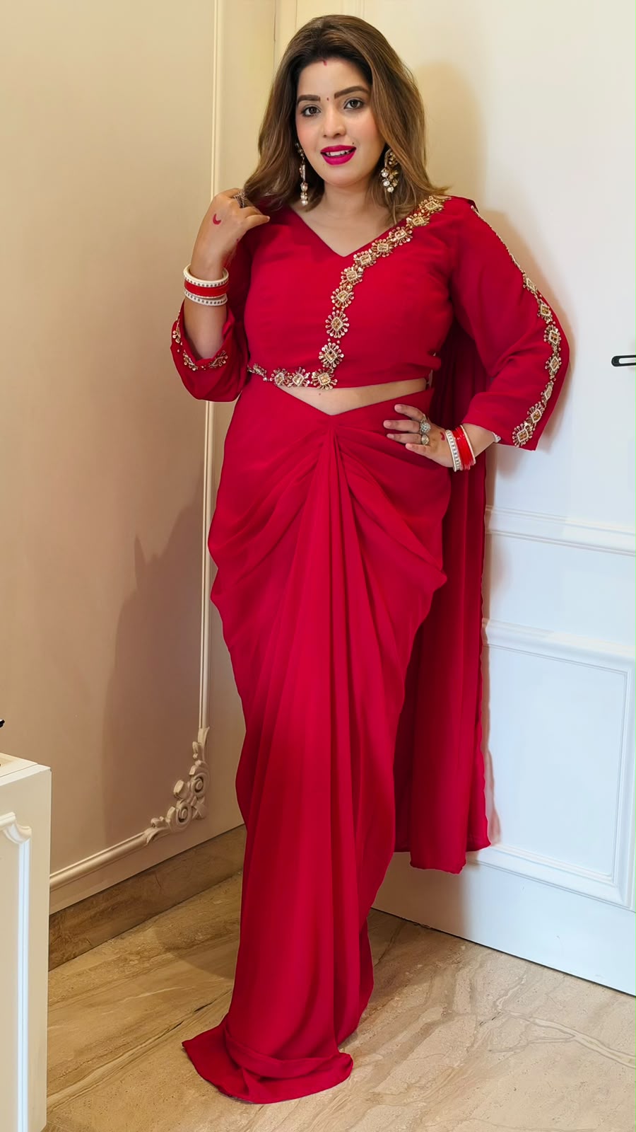 Garvita Georgette Drape Skirt Saree Set- Pink, Red