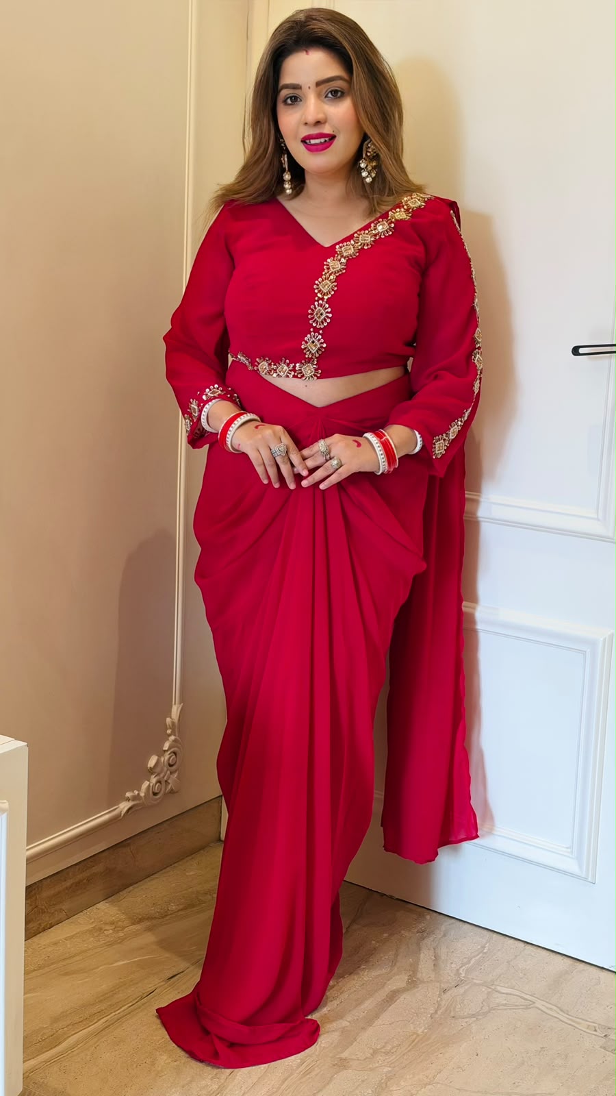 Garvita Georgette Drape Skirt Saree Set- Pink, Red