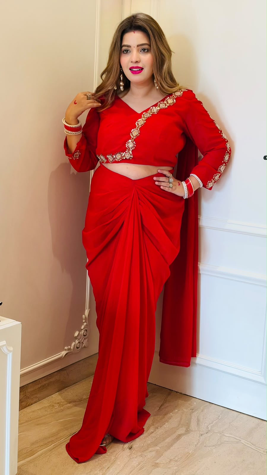 Garvita Georgette Drape Skirt Saree Set- Pink, Red