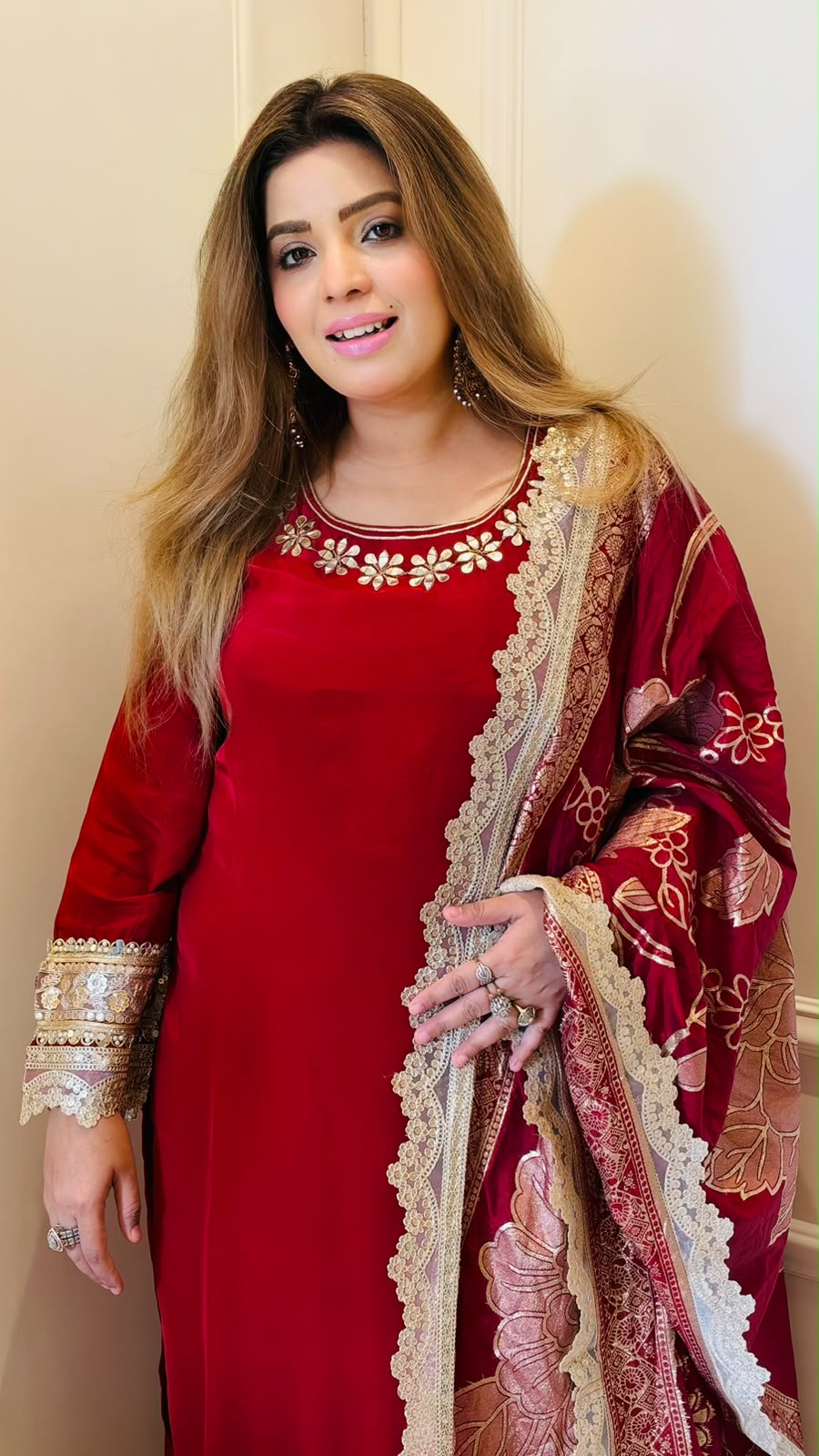 Kashmira  Crepe Firaan Suit Set- Red, Blue, Orange