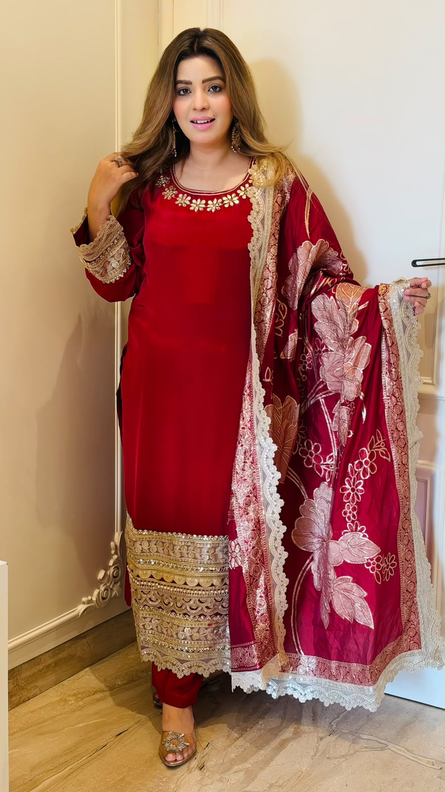Kashmira  Crepe Firaan Suit Set- Red, Blue, Orange