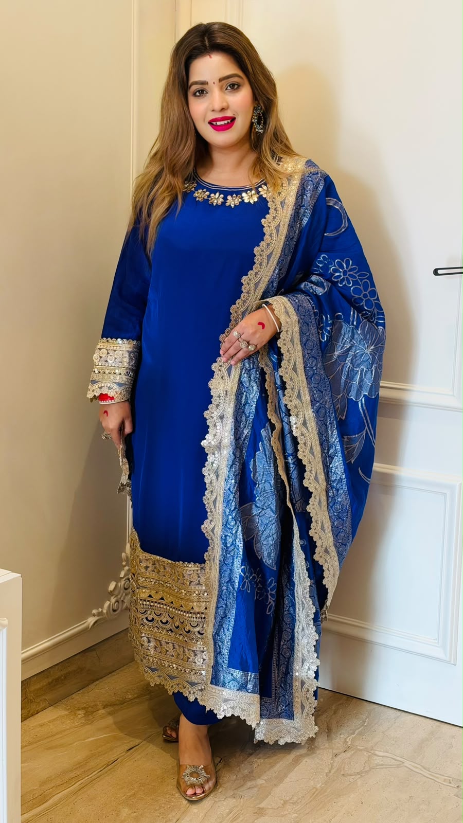 Kashmira  Crepe Firaan Suit Set- Red, Blue, Orange