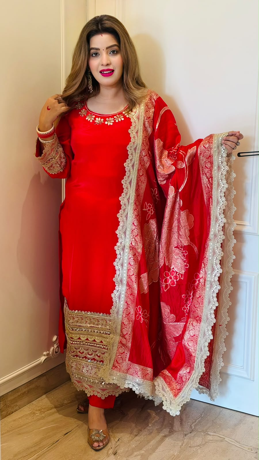 Kashmira  Crepe Firaan Suit Set- Red, Blue, Orange
