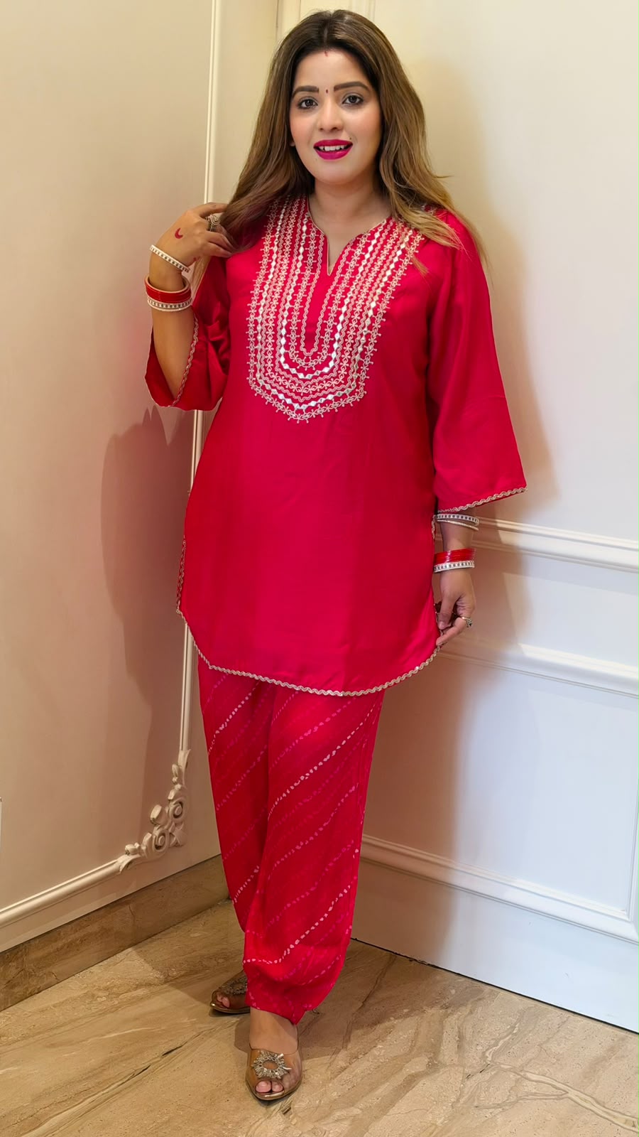 Pranita Maslin Bandhej Pathani Cord Set- Pink