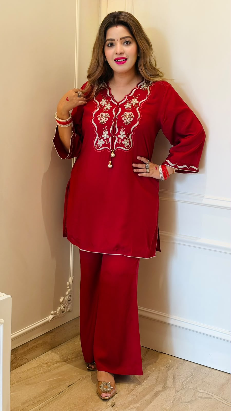 Noorvya Maslin Cord Set- Maroon